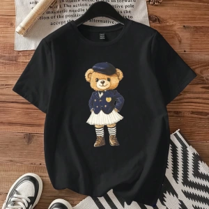 DAZY Kadın Bol Harf ve Kedi Grafik Baskılı Kısa Kollu Parlak Yeşil Tişört, İlkbahar/Yaz