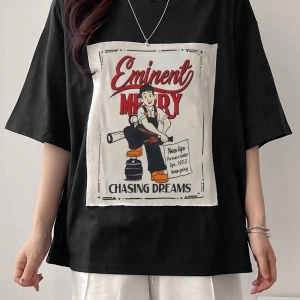 DAZY Kadın Bol Karikatür Slogan Baskılı Tişört