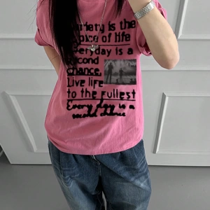 DAZY Kadın Bol Kesim Yuvarlak Yaka Kısa Kollu Tişört Büyük Harf Baskılı, Pembe, İlkbahar/Yaz