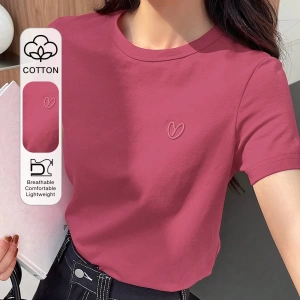 DAZY Kadın Düz Renk Kalp Nakışlı Kısa Kollu Tişört Yaz