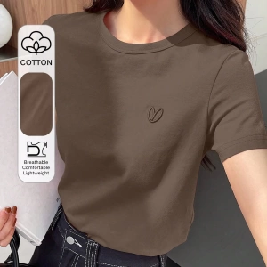DAZY Kadın Düz Renk Kalp Nakışlı Kısa Kollu Tişört Yaz