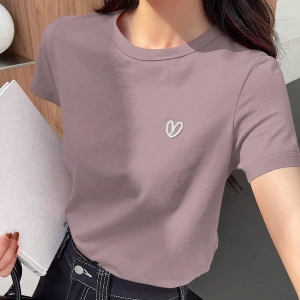 DAZY Kadın Düz Renk Kalp Nakışlı Kısa Kollu Tişört Yaz