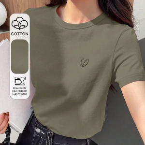 DAZY Kadın Düz Renk Kalp Nakışlı Kısa Kollu Tişört Yaz