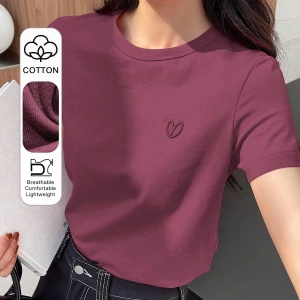 DAZY Kadın Düz Renk Kalp Nakışlı Kısa Kollu Tişört Yaz