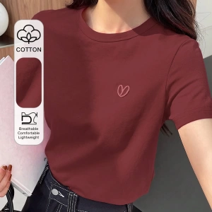 DAZY Kadın Düz Renk Kalp Nakışlı Kısa Kollu Tişört Yaz