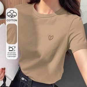DAZY Kadın Düz Renk Kalp Nakışlı Kısa Kollu Tişört Yaz