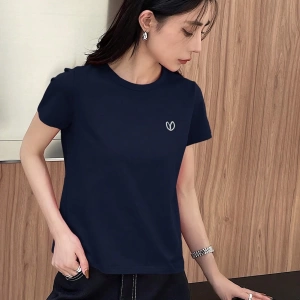 DAZY Kadın Düz Renk Kalp Nakışlı Kısa Kollu Tişört Yaz