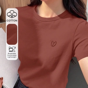 DAZY Kadın Düz Renk Kalp Nakışlı Kısa Kollu Tişört Yaz