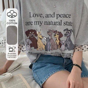 DAZY Kadın Karikatür ve Puantiyeli Baskılı Patchwork Bol Kısa Kollu Tişört