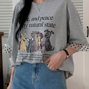 DAZY Kadın Karikatür ve Puantiyeli Baskılı Patchwork Bol Kısa Kollu Tişört