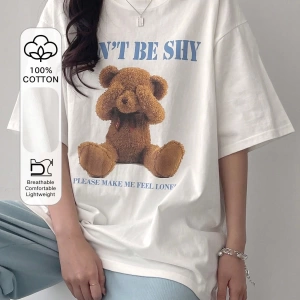 DAZY Kadın Slogan Karikatür Ayı Baskılı Bol Yuvarlak Yaka Kısa Kollu Tişört
