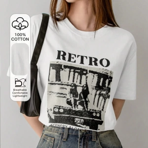 Dazy-Less Kadın Retro Desen Kısa Kollu Yazlık Tişört YOL BOYUNCA MANZARALAR 19DA MUTLU ZAMAN