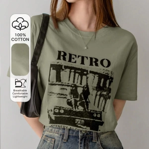 Dazy-Less Kadın Retro Desen Kısa Kollu Yazlık Tişört YOL BOYUNCA MANZARALAR 19DA MUTLU ZAMAN