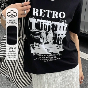 Dazy-Less Kadın Retro Desen Kısa Kollu Yazlık Tişört YOL BOYUNCA MANZARALAR 19DA MUTLU ZAMAN