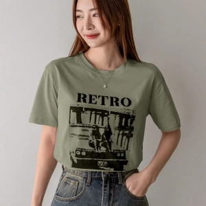 Dazy-Less Kadın Retro Desen Kısa Kollu Yazlık Tişört YOL BOYUNCA MANZARALAR 19DA MUTLU ZAMAN
