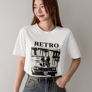 Dazy-Less Kadın Retro Desen Kısa Kollu Yazlık Tişört YOL BOYUNCA MANZARALAR 19DA MUTLU ZAMAN