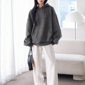 Dazy-Less Kanguru Cepli Düşük Omuz İpli Kapüşonlu Üst Gri