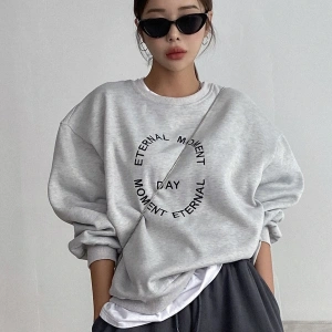 DAZY Slogan Embroidery Drop Shoulder Pullover Gri