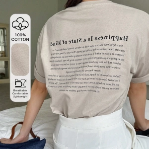 DAZY Slogan Grafik Düşük Omuz Tişört Mutluluk Bir Zihin Halidir