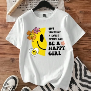 DAZY Slogan Grafik Düşük Omuz Tişörtü Memnuniyetle Her Gün Daha Fazla Yeni Şey Düşünün Memnun