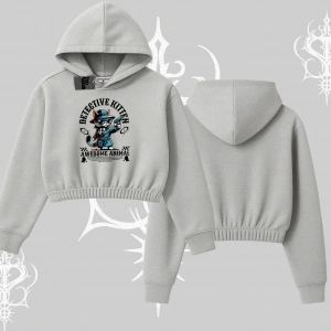 Detective Kitten Kedi Baskılı Kapşonlu Crop Sweatshirt