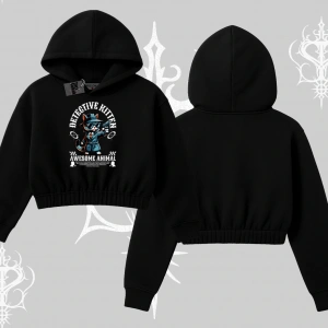 Detective Kitten Kedi Baskılı Kapşonlu Crop Sweatshirt