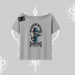 Detective Kitten Kedi Baskılı Kayık Yaka Tshirt