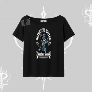 Detective Kitten Kedi Baskılı Kayık Yaka Tshirt