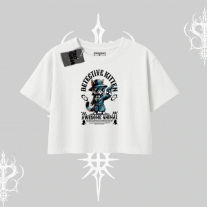 Detective Kitten Kedi Baskılı Oversize Crop Tshirt