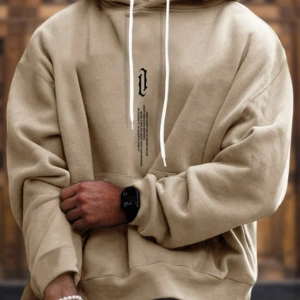Dik Renkli Oversize Kapüşonlu Sweatshirt Bej