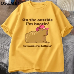 Dışarıda ben Hootin Capybara tişörtleri adam batı ruh sağlığı T-Shirt kovboy Cowgirl komik Me 3074