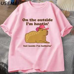 Dışarıda ben Hootin Capybara tişörtleri adam batı ruh sağlığı T-Shirt kovboy Cowgirl komik Me 3074