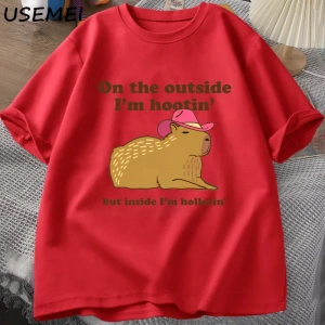 Dışarıda ben Hootin Capybara tişörtleri adam batı ruh sağlığı T-Shirt kovboy Cowgirl komik Me 3074