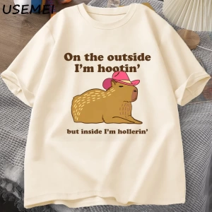 Dışarıda ben Hootin Capybara tişörtleri adam batı ruh sağlığı T-Shirt kovboy Cowgirl komik Me 3074
