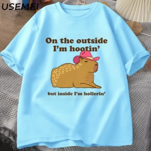 Dışarıda ben Hootin Capybara tişörtleri adam batı ruh sağlığı T-Shirt kovboy Cowgirl komik Me 3074