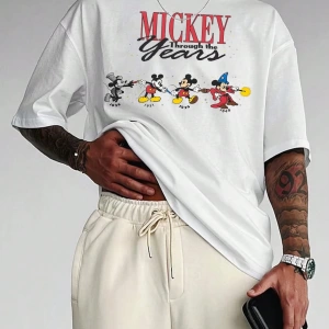 Disney Disney İşbirliği Mickey Mouse Erkek Rahat Karikatür Baskılı Kısa Kollu Tişört, Yaz