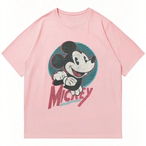 Disney Disney İşbirliği Mickey Mouse Karikatür Baskılı Kısa Kollu Tişört, Erkekler İçin Rahat
