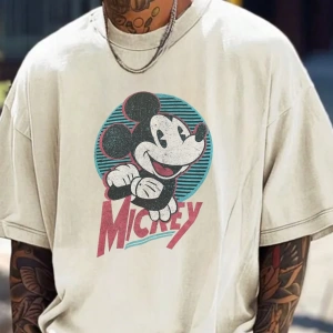 Disney Disney İşbirliği Mickey Mouse Karikatür Baskılı Kısa Kollu Tişört, Erkekler İçin Rahat