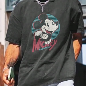 Disney Disney İşbirliği Mickey Mouse Karikatür Baskılı Kısa Kollu Tişört, Erkekler İçin Rahat