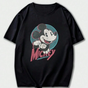 Disney Disney İşbirliği Mickey Mouse Karikatür Baskılı Kısa Kollu Tişört, Erkekler İçin Rahat