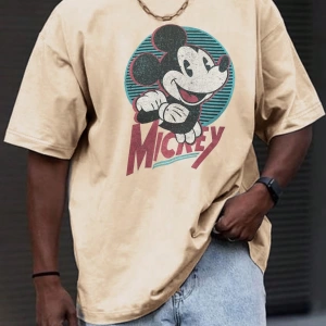 Disney Disney İşbirliği Mickey Mouse Karikatür Baskılı Kısa Kollu Tişört, Erkekler İçin Rahat