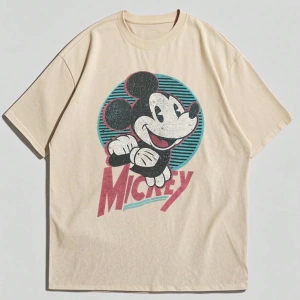 Disney Disney İşbirliği Mickey Mouse Karikatür Baskılı Kısa Kollu Tişört, Erkekler İçin Rahat