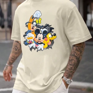 Disney Disney İşbirliği Mickey Mouse Rahat Karikatür Baskılı Kısa Kollu Tişört Erkekler İçin,