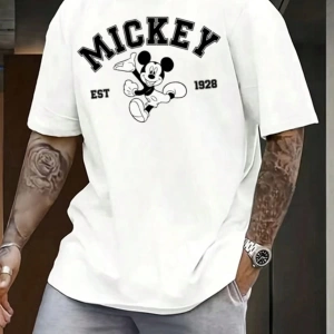 Disney Disney İşbirliği Mickey Mouse Rahat Karikatür Baskılı Kısa Kollu Tişört Erkekler İçin,