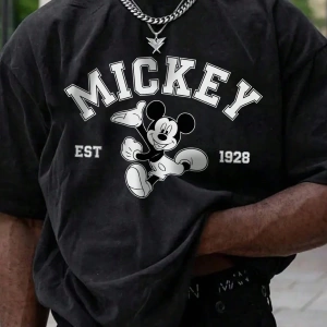 Disney Disney İşbirliği Mickey Mouse Rahat Karikatür Baskılı Kısa Kollu Tişört Erkekler İçin,
