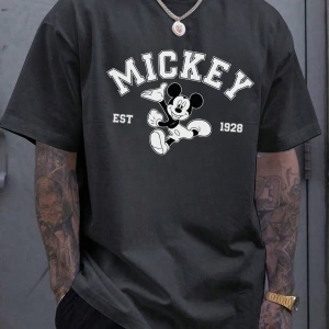 Disney Disney İşbirliği Mickey Mouse Rahat Karikatür Baskılı Kısa Kollu Tişört Erkekler İçin,