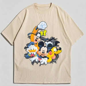 Disney Disney İşbirliği Mickey Mouse Rahat Karikatür Baskılı Kısa Kollu Tişört Erkekler İçin,