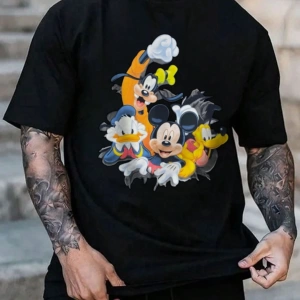 Disney Disney İşbirliği Mickey Mouse Rahat Karikatür Baskılı Kısa Kollu Tişört Erkekler İçin,