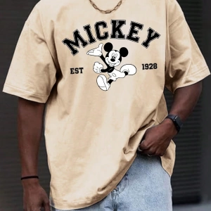 Disney Disney İşbirliği Mickey Mouse Rahat Karikatür Baskılı Kısa Kollu Tişört Erkekler İçin,