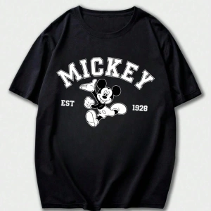 Disney Disney İşbirliği Mickey Mouse Rahat Karikatür Baskılı Kısa Kollu Tişört Erkekler İçin,